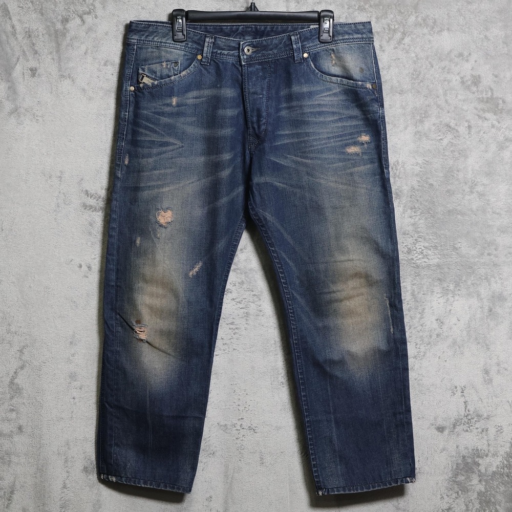 Diesel Darron Jeans Mens 35x26 Blue Slim Cropped Distressed Denim Pants Grunge